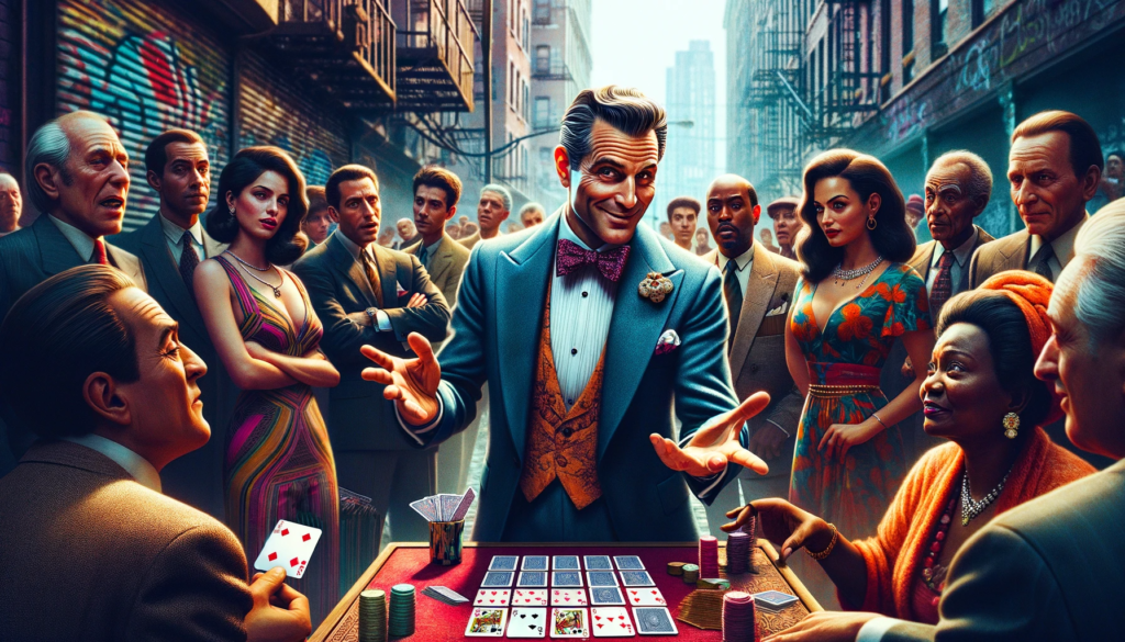 A vivid scene in an urban environment where a con artist, a confident White male in his 40s, dressed in a flamboyant suit, is performing a three-card monte on a portable table. He has a slicked-back hairstyle and a sly grin, making extravagant gestures to entice the crowd. A Black female assistant, dressed in a colorful dress and with a mischievous look, is subtly pointing at one of the cards, suggesting a rigged game. The surrounding crowd, including a young Middle-Eastern male and an elderly South Asian female, are looking on with a mix of excitement and suspicion, with some individuals appearing to be in the midst of betting. The backdrop is a graffiti-covered wall, signaling a less affluent area of the city, with the bustle of city life evident in the blurred motion of people walking by in the background.