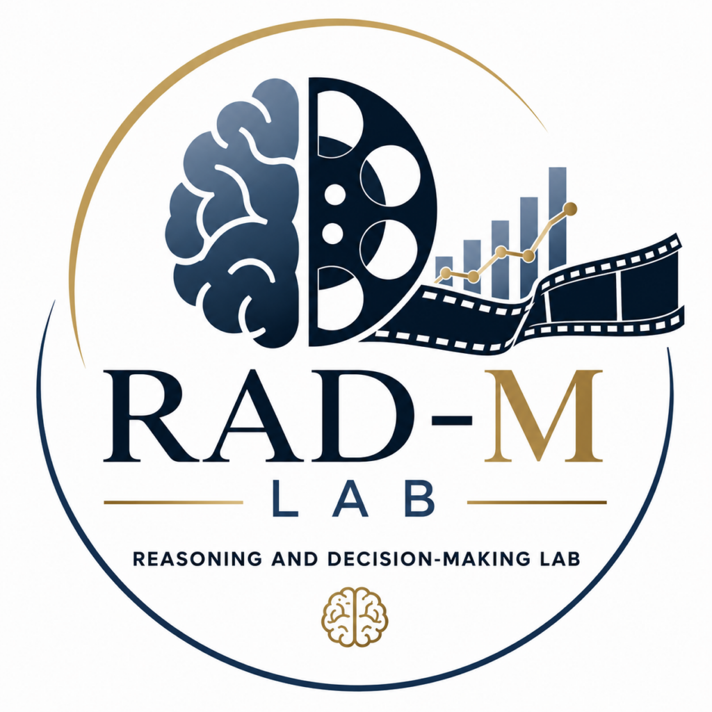 Circular logo for the RAD-M Lab (Reasoning and Decision-Making Lab). The design combines a stylized brain and film reel with a rising bar chart and line graph, representing cognitive psychology, media, and data-driven research. The text “RAD-M LAB” appears prominently in navy and gold, with “Reasoning and Decision-Making Lab” beneath it, all enclosed within a clean circular emblem on a white background.